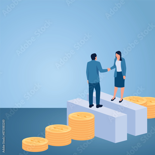 A man and woman shake hands on the same money ladder, an illustration for gender equality.