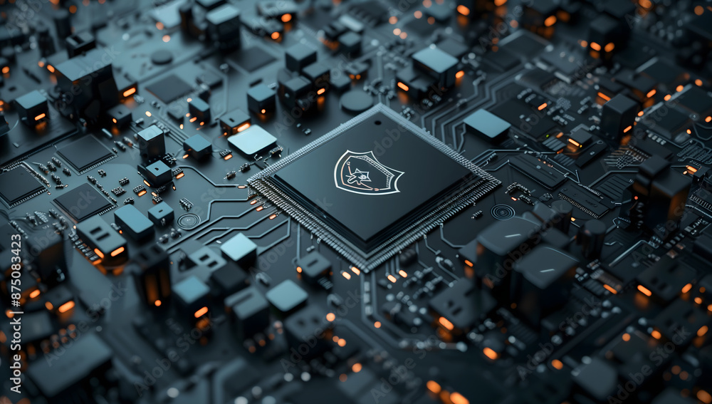 Digital Chip with shield logo floating center surrounded gray data blocks complex digital connections Data Blocks Cybersecurity Concept Digital Chip with shield logo floating center surrounded gray data blocks complex digital connections Data Blocks Cybersecurity Concept
