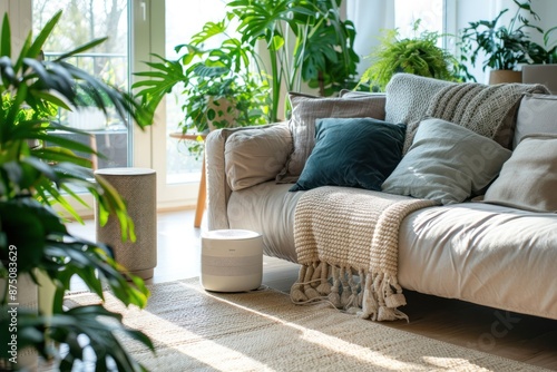 living room interior with a modern air purifier  comfortable couch  and lush houseplants