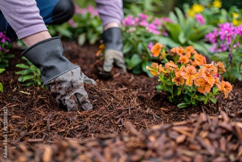 person wearing gloves as they spread mulch in a flower © Ольга Лукьяненко