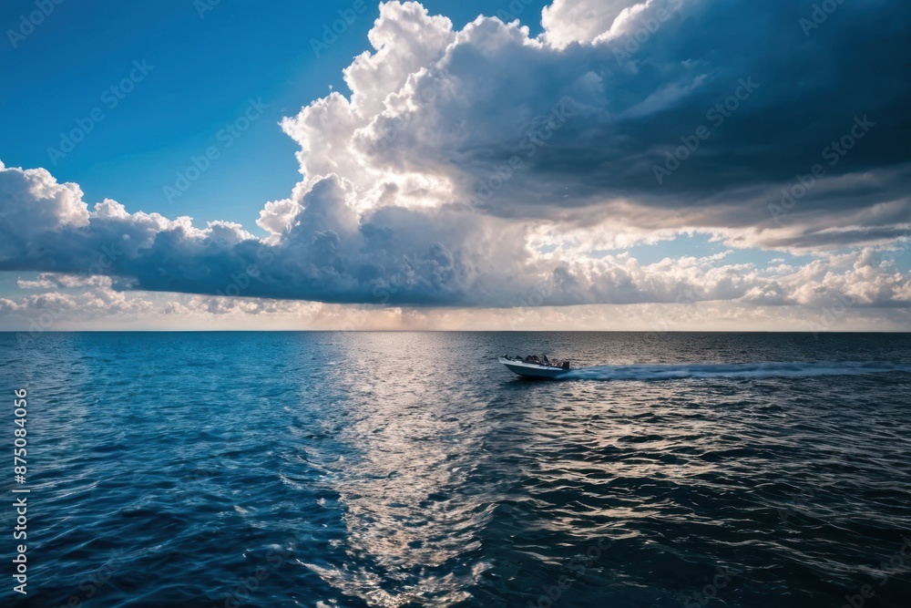 Obraz premium a large body of water with some clouds in the sky and a boat in the middle of the water,