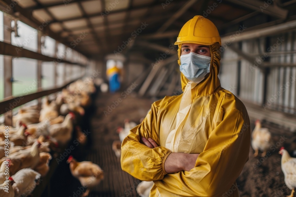 portrait of a farmer at a poultry farm, a farmer wearing a mask and protective suit portrait of a farmer at a poultry farm, a farmer wearing a mask and protective suit