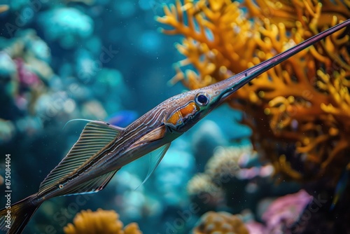 Intricate colorful spearfish swimming in water near a coral reef photo