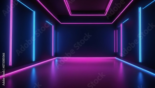A colorful blue and pink neon lights room in dark background