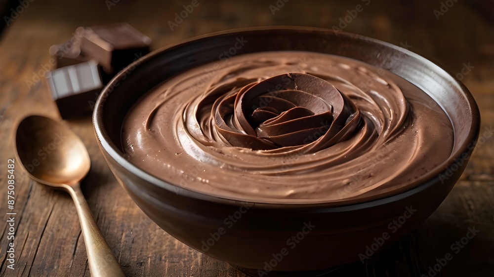 Homemade chocolate cream in a bowl with a whisk on a wooden background Homemade chocolate cream in a bowl with a whisk on a wooden background