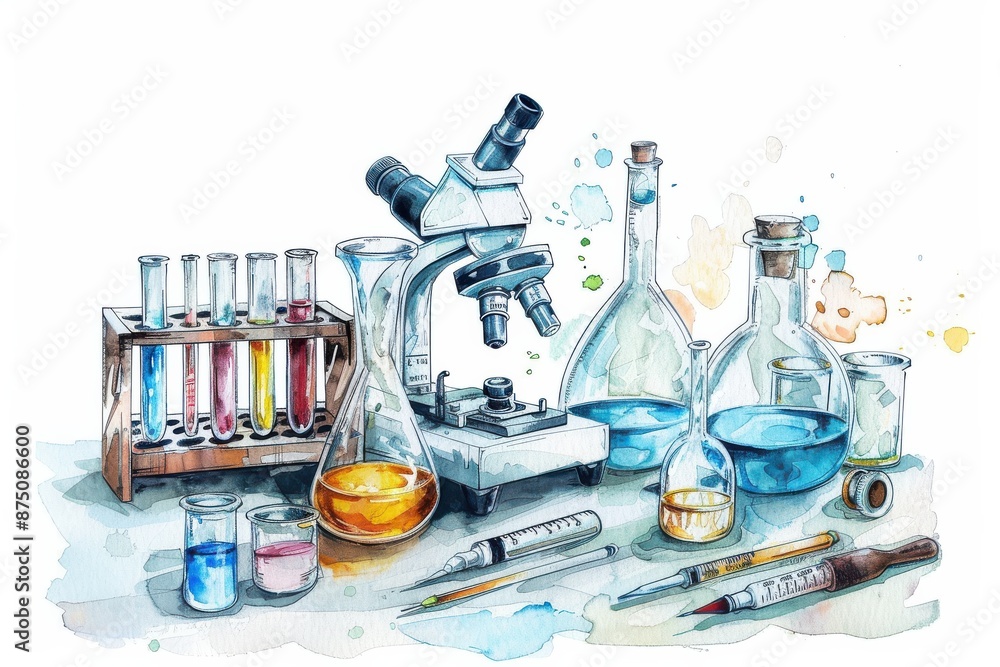 Watercolor illustration of a science lab with a microscope, test tubes ...