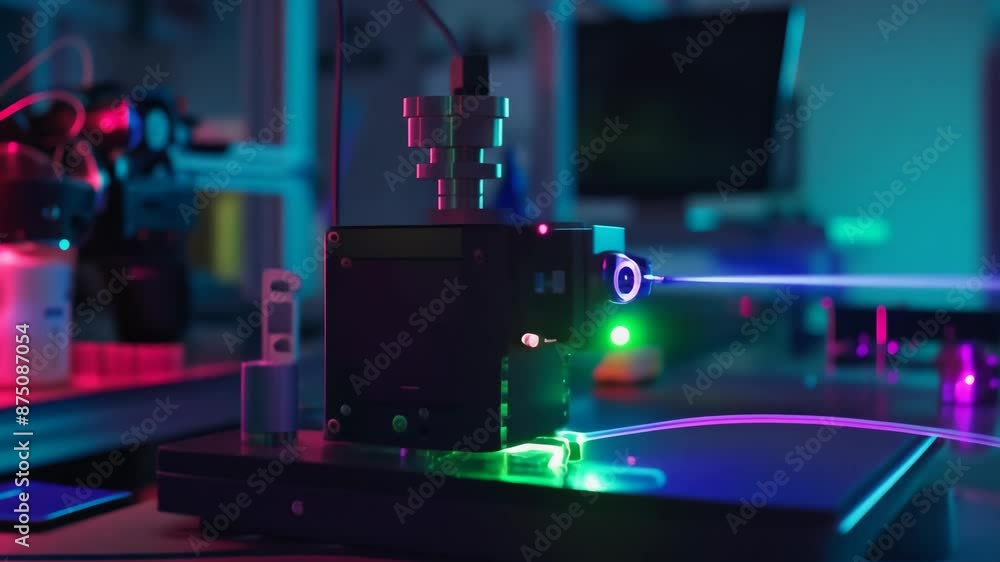 Laser beam cutting machine in action in a high-tech laboratory with vibrant neon lights Laser beam cutting machine in action in a high-tech laboratory with vibrant neon lights