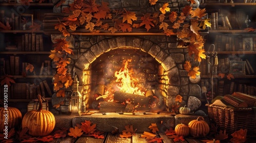 Cozy autumn fireplace scene decorated with pumpkins and leaves, perfect for a warm and inviting atmosphere during the fall season.