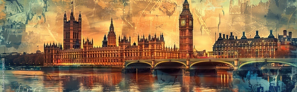 Naklejka premium Skyline of the Old City at the Western Wall, the wailing wall, and Temple Mount in front of beautiful sunset, Jerusalem, Israel. Paper texture. AI generated illustration