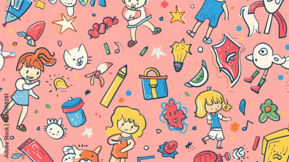 Whimsical Children Activities in Colorful Illustration Whimsical Children Activities in Colorful Illustration