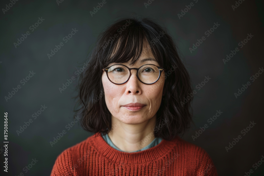 Obraz premium Close-up portrait of elderly woman of Asian descent, studio photo, against a sleek gray studio backdrop