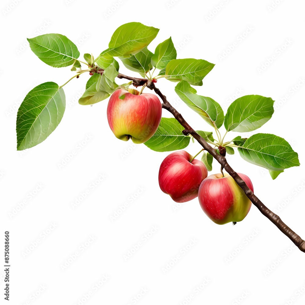 Obraz premium Apple tree branch with leaves on an isolated white background, AI Generated