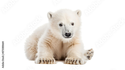 Cute polar bear cub lying down and looking at the camera with a curious expression on its face. It has fluffy white fur and big paws. © Nurlan