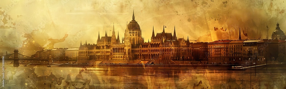 Obraz premium photo collage with an ancient city. Budabest,. Paper texture. AI generated illustration