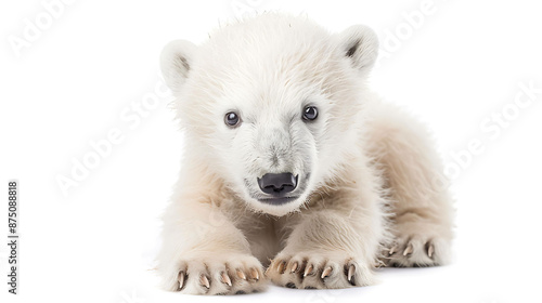 Cute polar bear cub lying down and looking at the camera with a curious expression on its face. It has fluffy white fur and big black eyes.