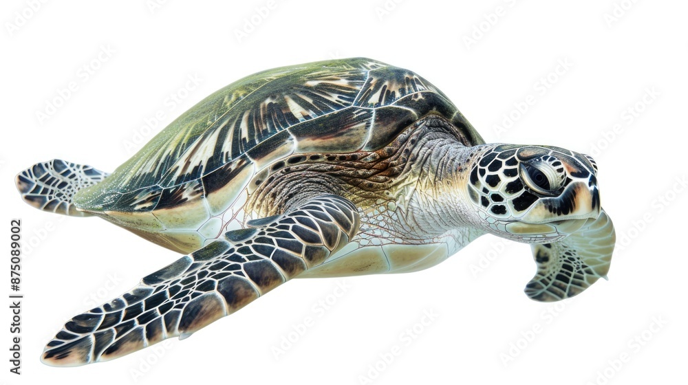Obraz premium Isolated Green Sea Turtle on White Background in Shallow Reef
