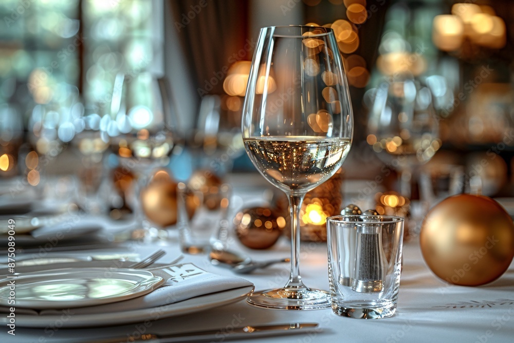 Elegant dinner table setting with wine glasses, plates, and ornamental decorations. Elegant dinner table setting with wine glasses, plates, and ornamental decorations.