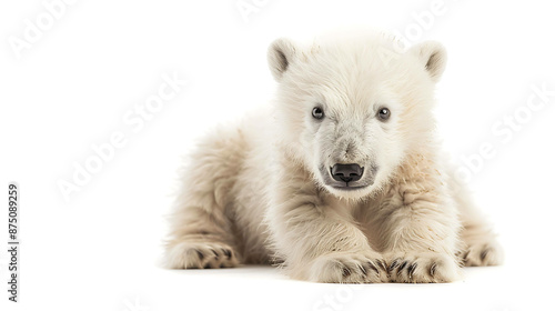 A cute polar bear cub is lying down and looking at the camera with a curious expression on its face. © Nurlan