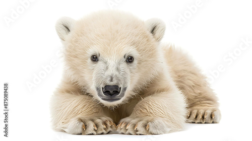 Cute polar bear cub lying down and looking at the camera with a curious expression on its face. It has white fur and black eyes and nose. © Nurlan