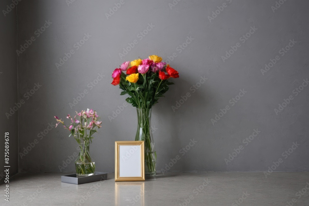 Φωτογραφία a vase with flowers and a blank picture frame on a concrete floor in front of a
