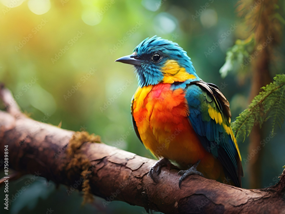 Obraz premium Vibrant Avian Perch: A Colorful Bird in the Forest