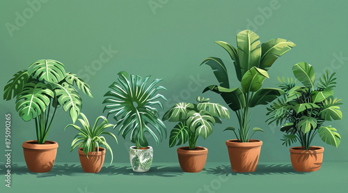 A collection of lush green potted plants, including monstera leaves and ferns arranged in brown pots against a green background