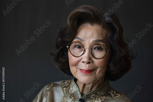 Close-up portrait of elderly woman of Asian descent, studio photo, against a sleek gray studio backdrop