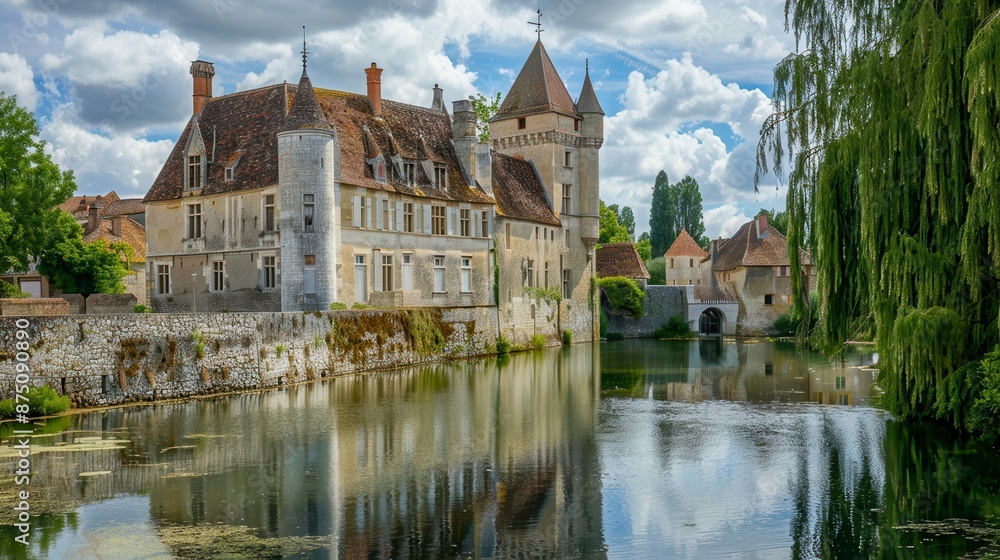 A historic castle surrounded by a moat, a picturesque photo with a subtle pastel background. A historic castle surrounded by a moat, a picturesque photo with a subtle pastel background.