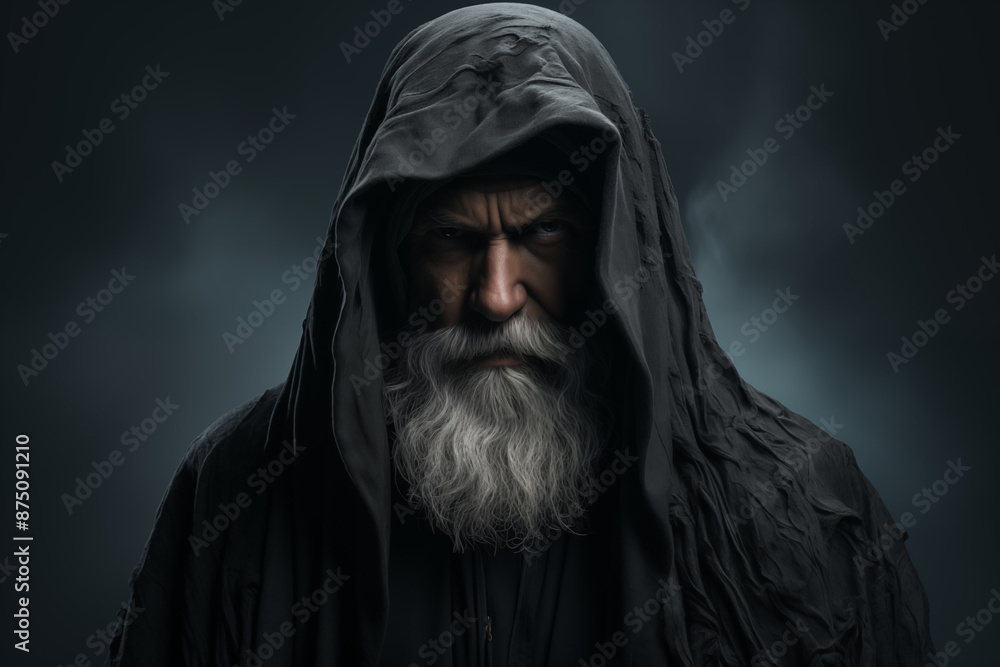 A man dressed as a grim reaper for Halloween standing in front of a isolated background A man dressed as a grim reaper for Halloween standing in front of a isolated background