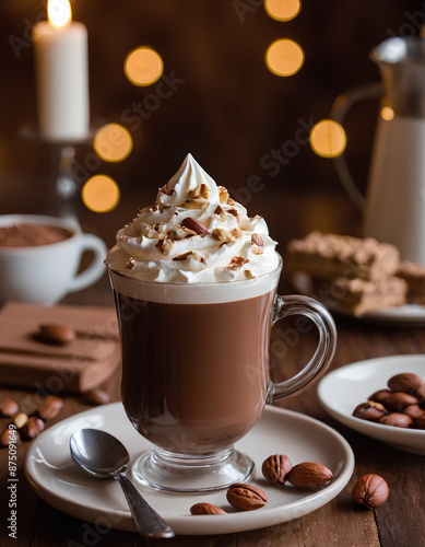  hot chocolate drink with whipped cream and nuts on the table, hot cocoa drink