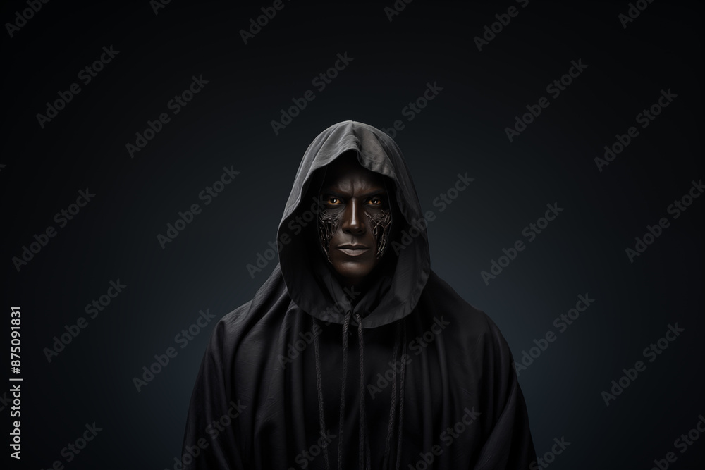 A man dressed as a grim reaper for Halloween standing in front of a isolated background A man dressed as a grim reaper for Halloween standing in front of a isolated background