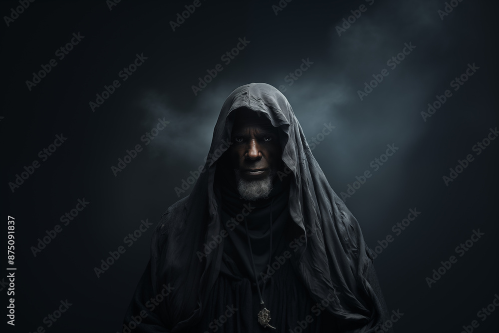 A man dressed as a grim reaper for Halloween standing in front of a isolated background A man dressed as a grim reaper for Halloween standing in front of a isolated background