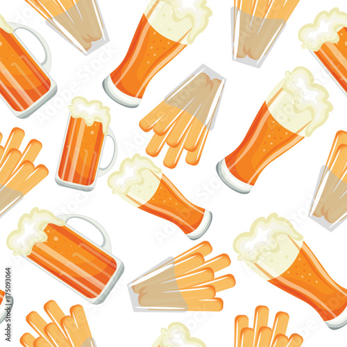 seamless pattern of french fries in a transparent bag and beer in various glasses, for various designs or banners