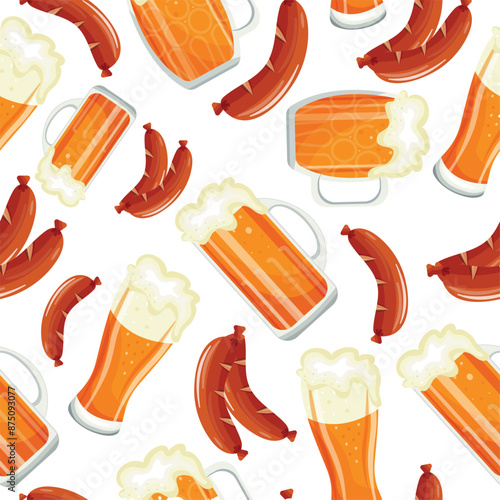 seamless pattern of grilled sausages with baked crust and beer in various glasses, for design, poster or packaging