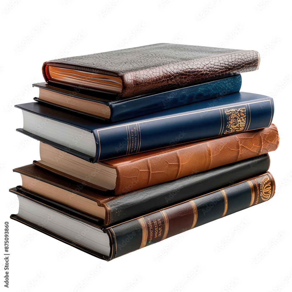 A stack of six unique hardcover books with various colors and textures against a white background. A stack of six unique hardcover books with various colors and textures against a white background.
