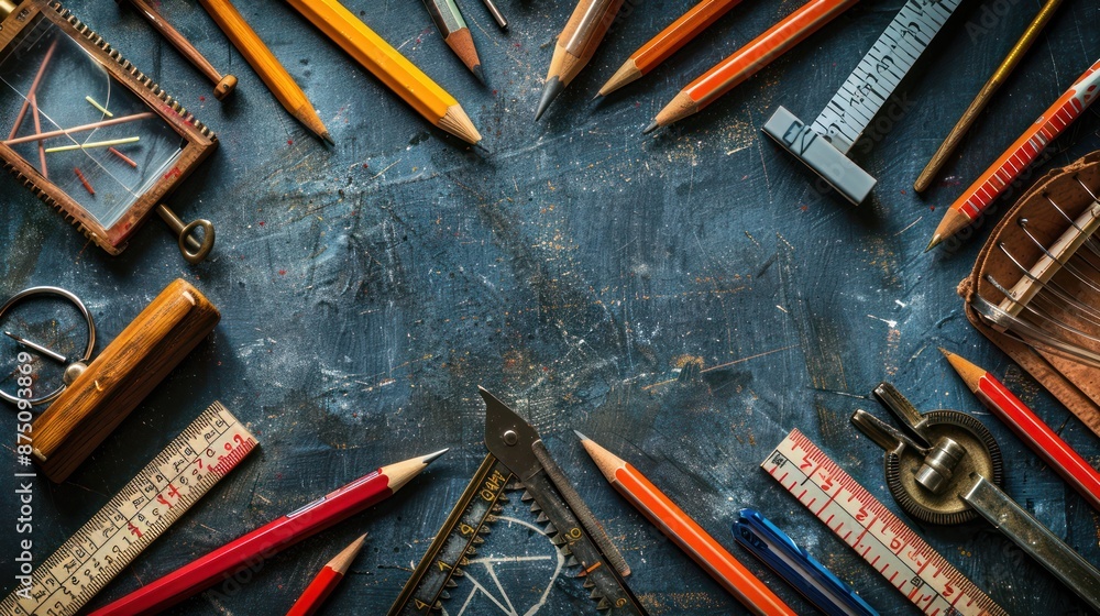 Rulers, protractors, and compasses forming a border around the words ...