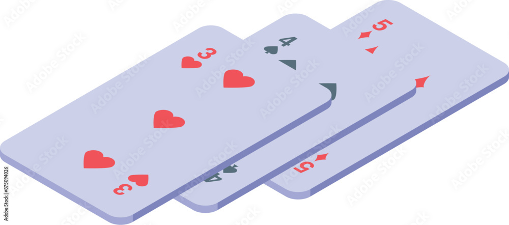 Three playing cards are showing hearts, spades and diamonds suits in isometric view Three playing cards are showing hearts, spades and diamonds suits in isometric view