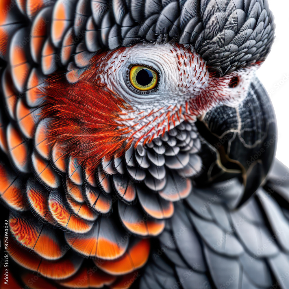 Fototapeta premium Close-up of a vibrant parrot with intricate feather details and striking colors, showcasing the beauty of wildlife and exotic birds.