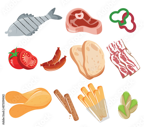 set of grillable food icons and various snacks, namely sausages, potato chips, croutons, steak, vegetables, fish and toast, for designs, posters or packaging