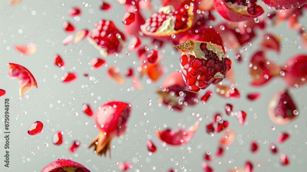 Pomegranate pieces falling in the air, water droplets floating around, light gray background, splash Pomegranate pieces falling in the air, water droplets floating around, light gray background, splash