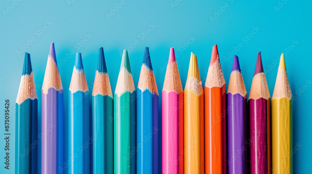 Neat arrangement of vibrant colored pencils against a contrasting blue backdrop, representing creativity and organization. Perfect for back to school or art-related content. Neat arrangement of vibrant colored pencils against a contrasting blue backdrop, representing creativity and organization. Perfect for back to school or art-related content.