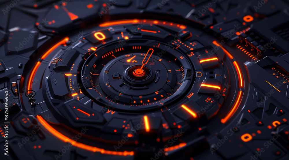 A digital clock face made of geometric shapes, featuring black and orange colors on a indigo background isometric view A digital clock face made of geometric shapes, featuring black and orange colors on a indigo background isometric view