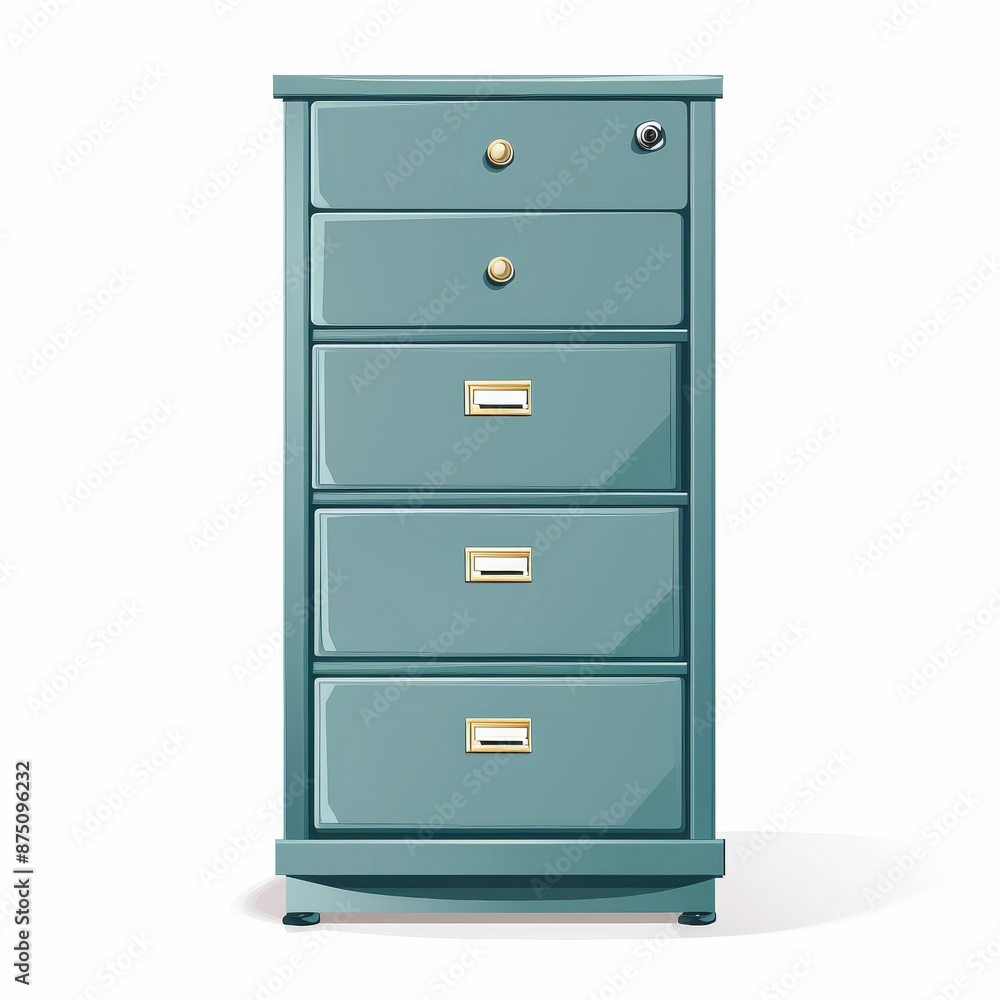 A tall blue chest of drawers with five drawers, a keyhole, and brass handles. Isolated on a white background. A tall blue chest of drawers with five drawers, a keyhole, and brass handles. Isolated on a white background.