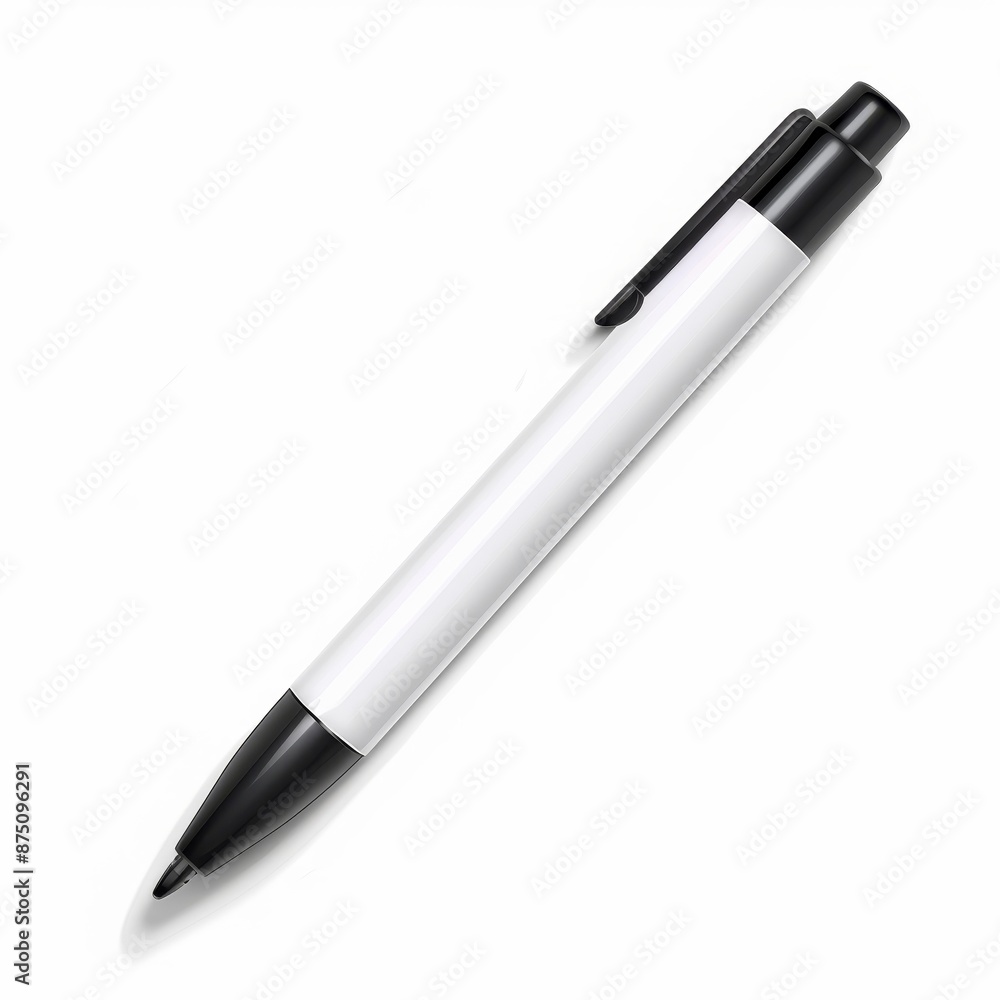 A white pen with a black clip and tip, isolated on a white background. A white pen with a black clip and tip, isolated on a white background.