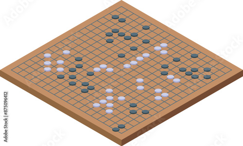 Strategic game of go is being played on a wooden board with black and white stones