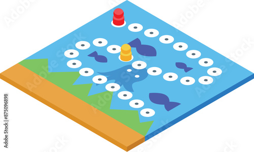 Colorful children board game with ocean design and fish, featuring game pieces in red and yellow, for entertainment and fun