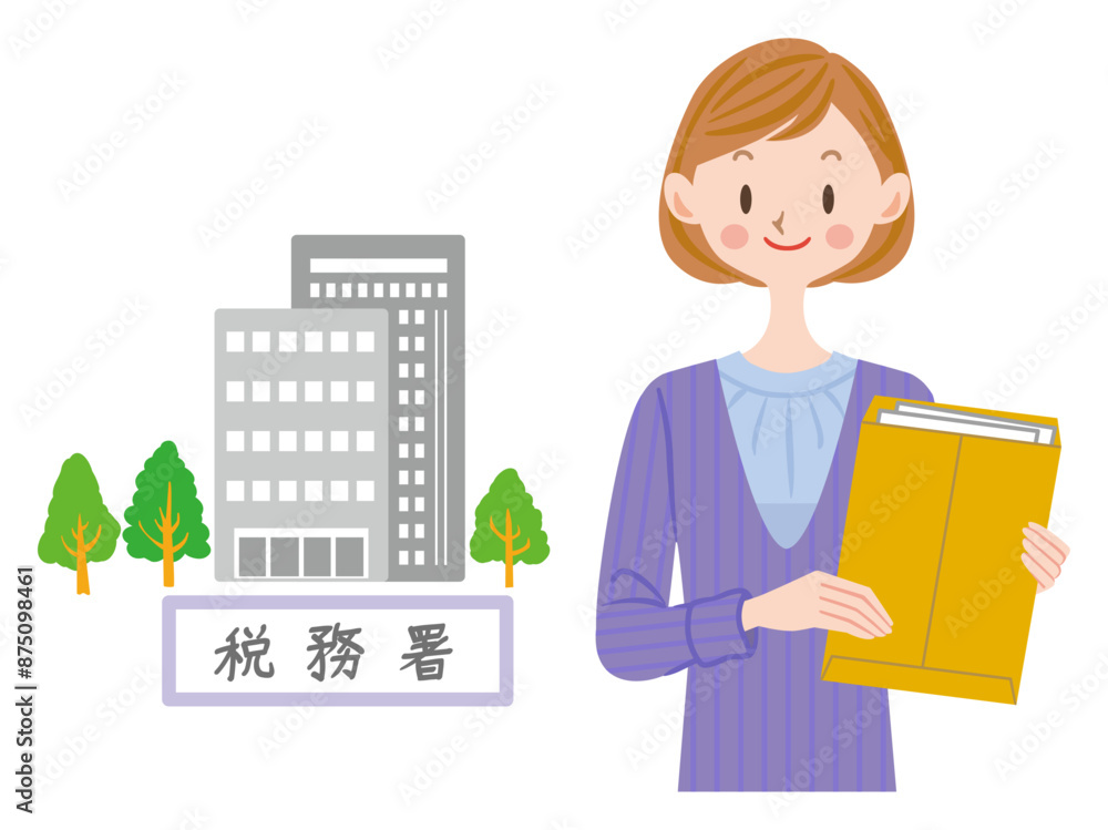 税務署で確定申告をする女性のイラスト	納税　文書