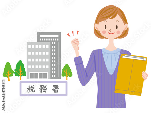 税務署に確定申告を提出する女性のイラスト　納税
