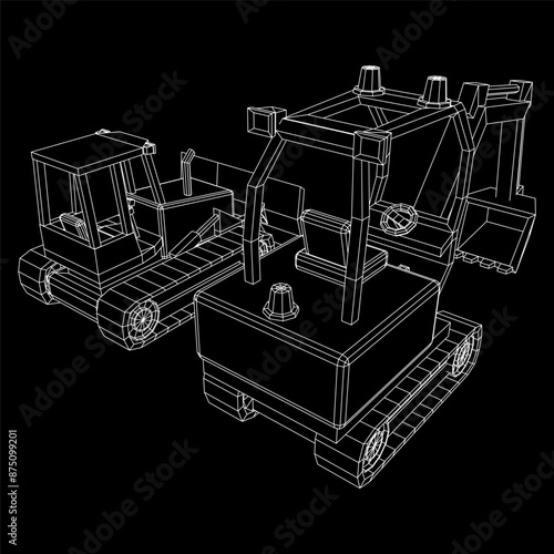 Heavy equipment excavator machine manufacturing power equipment for open pit mining. Wireframe low poly mesh vector illustration