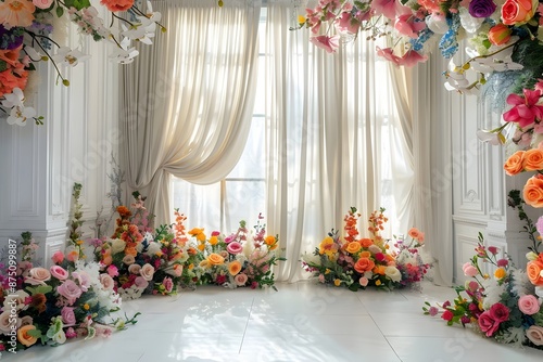 Background wedding with floral and view outside from windown generative AI  © Chill